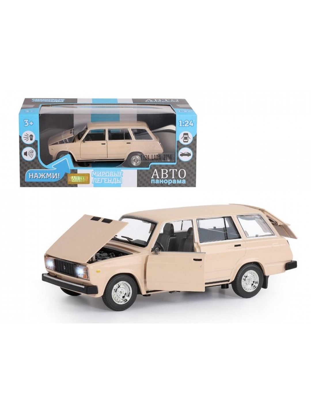 Машина "АВТОПАНОРАМА" ВАЗ 2104, бежевый, 1/24, инерция, в/к 24,5*12,5*10,5 см