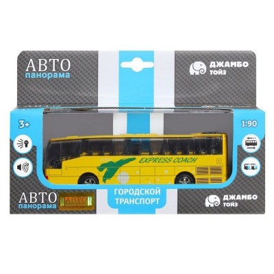 Автобус "Автопанорама", желтый, 1/90, свет, звук, инерция, в/к 22*13,5*5,8 см