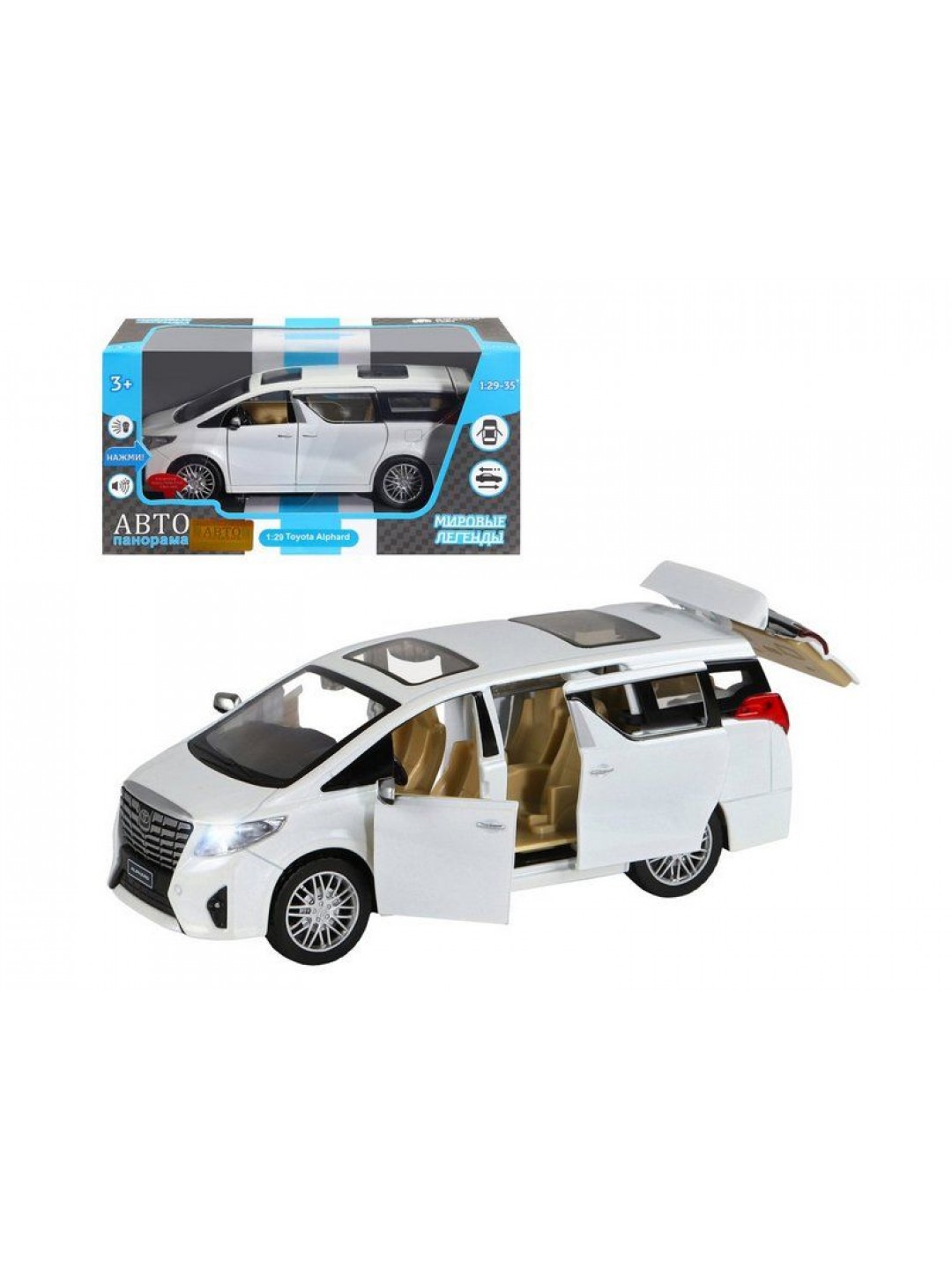 Машина "АВТОПАНОРАМА" Toyota Alphard, белый, 1/29, свет, звук, инерция, в/к 20*10*11 см