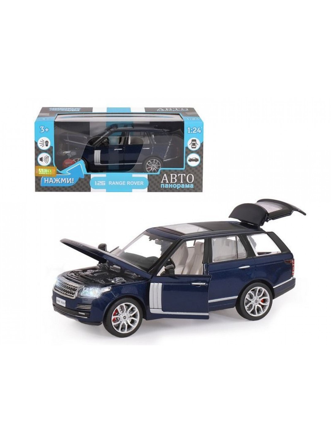 Машина "АВТОПАНОРАМА" Range Rover, синий металлик, 1/26, свет, звук, в/к 24,5*12,5*10,5 см