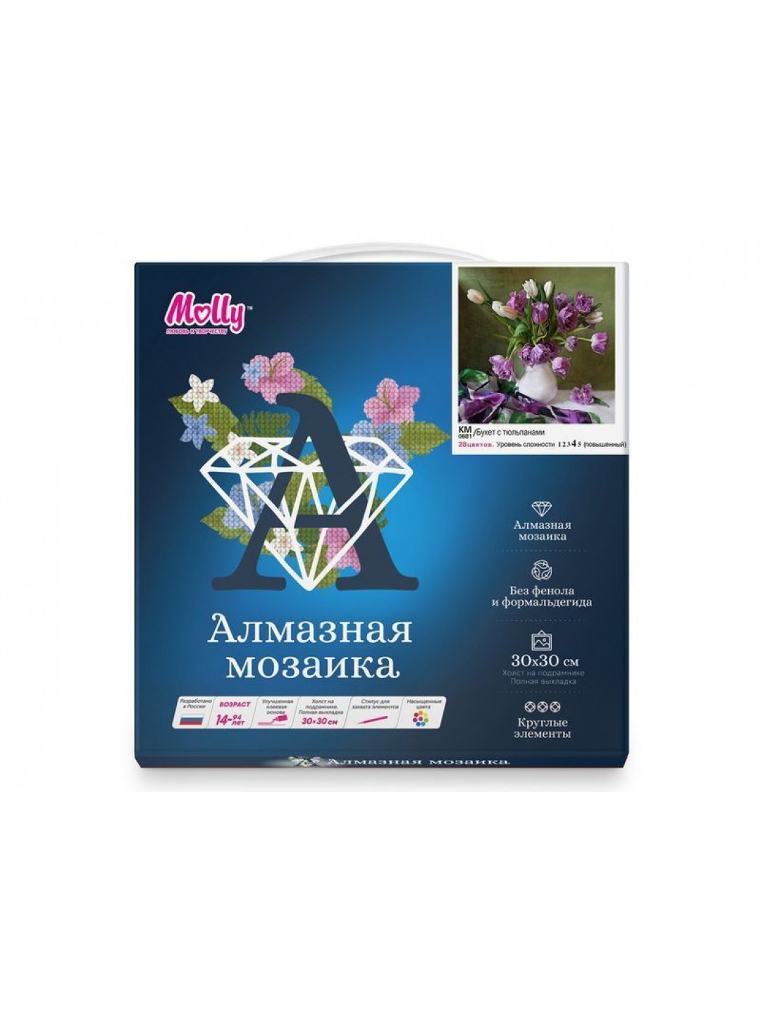 Картины мозаикой 30х30 БУКЕТ С ТЮЛЬПАНАМИ (28 цветов)
