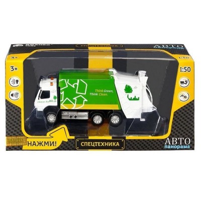 Машина "АВТОПАНОРАМА" Volvo мусоровоз, зеленый, 1/50, свет, звук, в/к 28*14*10 см