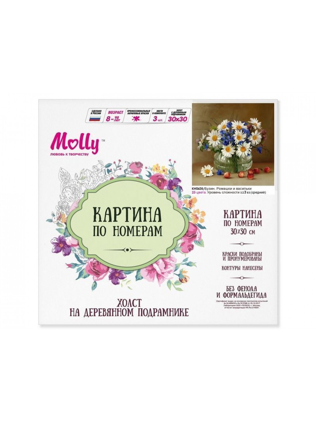 Картина по номерам 30х30 Бузин. Ромашки и васильки (23 цвета)