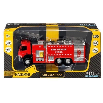 Машина "АВТОПАНОРАМА" Volvo пожарная машина, красный, 1/50, свет, звук, в/к 28*14*10 см