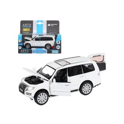 Машина "АВТОПАНОРАМА" Mitsubishi Pajero 4WD Tubro, белый, 1/33, свет, звук, в/к 17,5*13,5*9 см