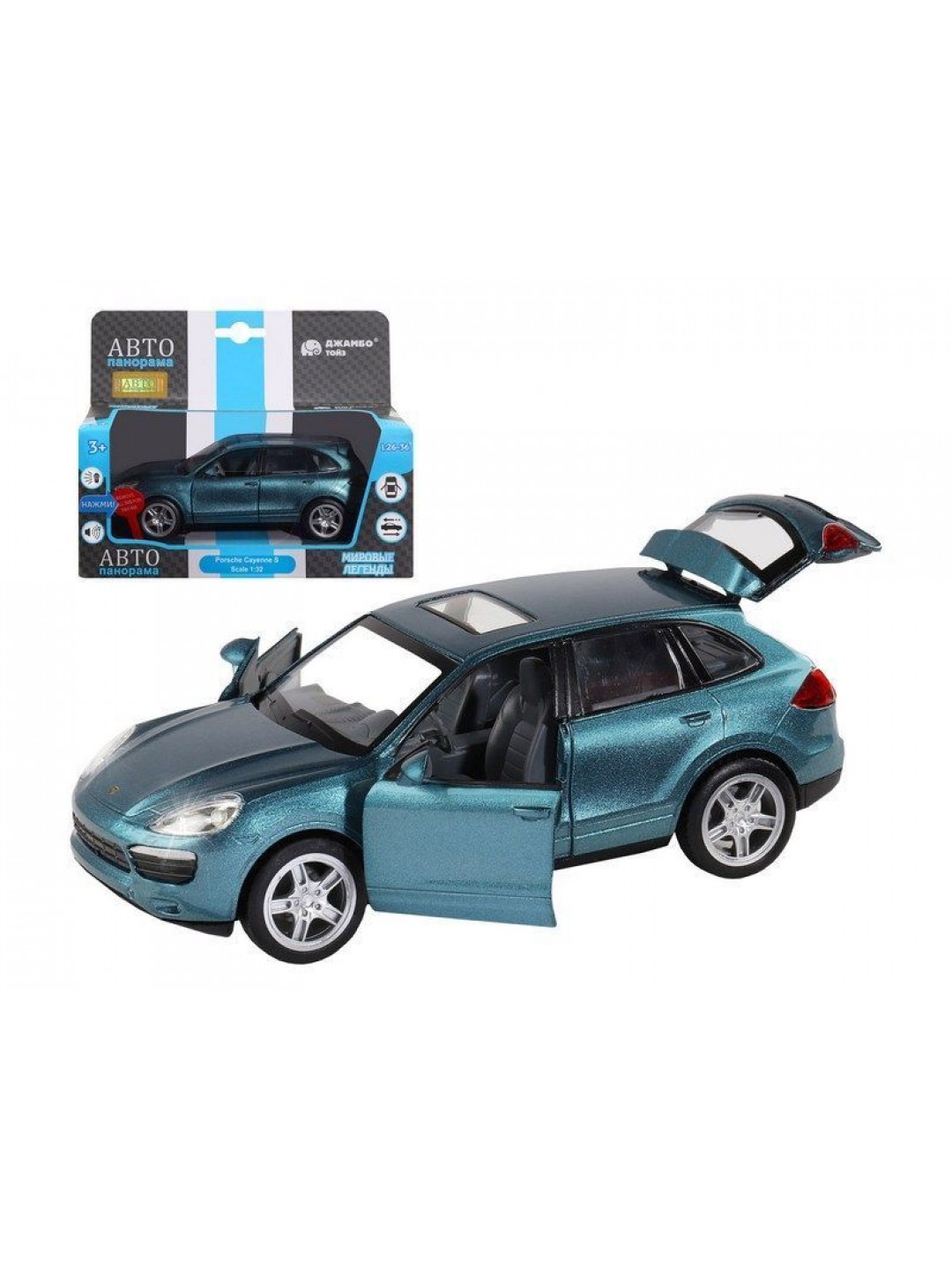Машина "АВТОПАНОРАМА" Porsche Cayenne S, голубой, 1/32, свет, звук, инерция, в/к 17,5*13,5*9 см