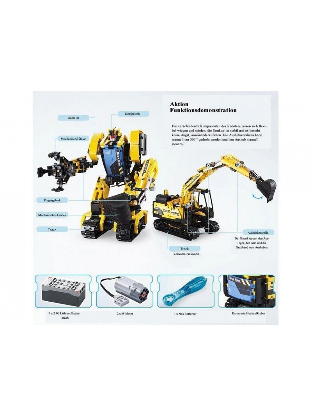 Радиоуправляемый конструктор CADA 2 в 1 экскаватор ROCK MAN (930 деталей)
