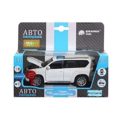 Машина "АВТОПАНОРАМА" Land Cruiser Prado, белый, 1/32, свет, звук, инерция, в/к 17,5*13,5*9 см