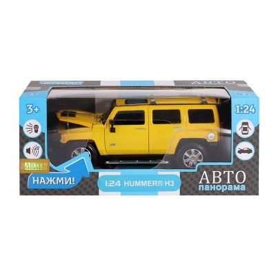 Машина "АВТОПАНОРАМА" Hummer H3, желтый, 1/24, свет, звук, в/к 24,5*12,5*10,5 см