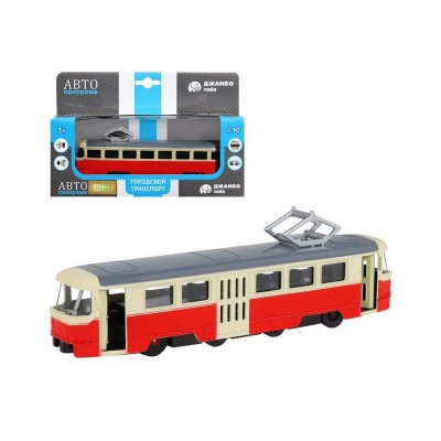 Трамвай "Автопанорама", красный, 1/90, свет, звук, инерция, в/к 22*13,5*5,8 см