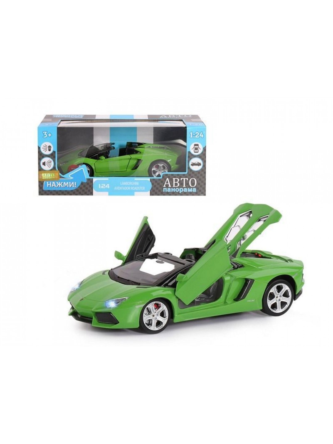 Машина "АВТОПАНОРАМА" Lamborghini Aventador Roadster-OPEN, зеленый, 1/24, в/к 24,5*12,5*10,5 см