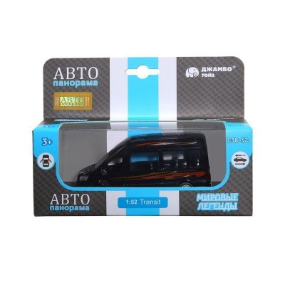 Машина "АВТОПАНОРАМА" Ford Transit, черный, 1/52, инерция, откр. двери, в/к 17,5*12,5*6,5 см