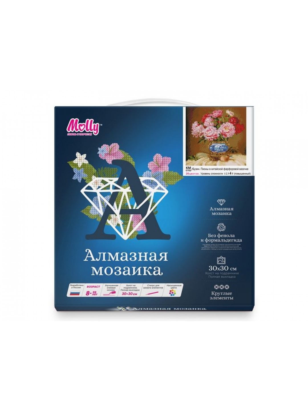 Алмазная мозаика 30х30 БУЗИН. ПИОНЫ В КИТАЙСКОЙ ФАРФОРОВОЙ ВАЗОЧКЕ (26 цветов)