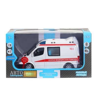 Машина "АВТОПАНОРАМА" Mercedes Sprinter "Скорая помощь", белый, 1/32, в/к 18*9*13,5 см