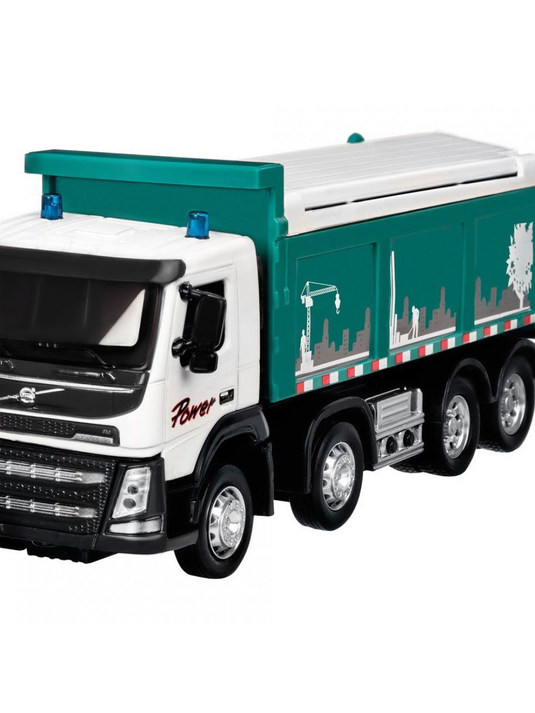 Машина "АВТОПАНОРАМА" Volvo самосвал, зеленый, 1/50, свет, звук, в/к 28*14*10 см