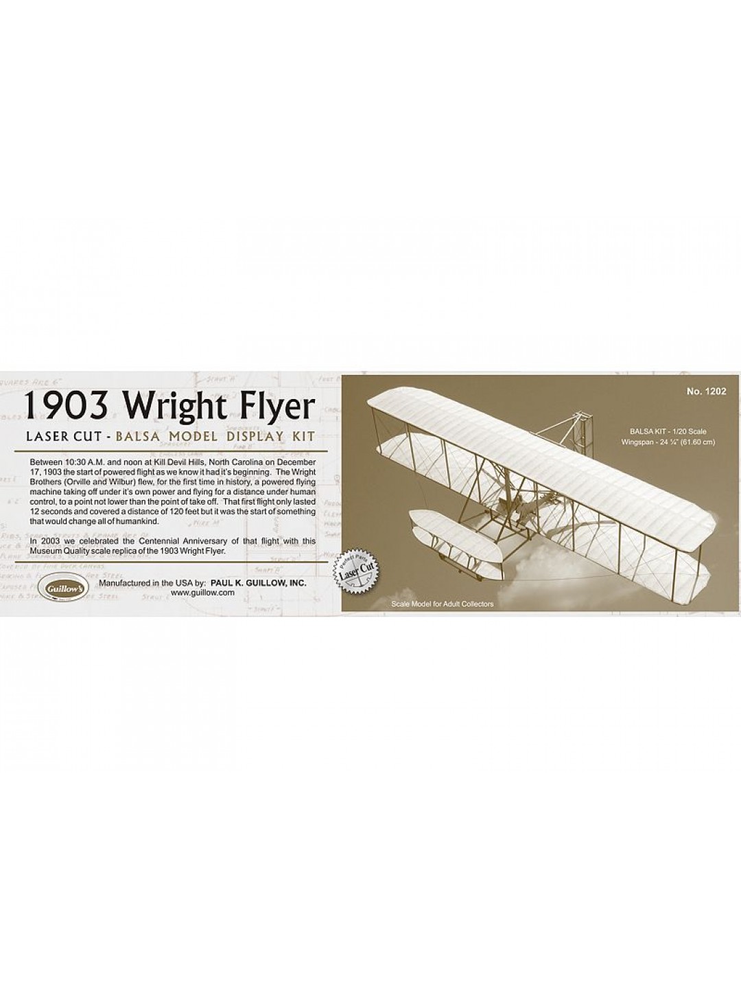 Сборная дер.модель.Самолет 1903 Wright Flyer. Guillows  1:20