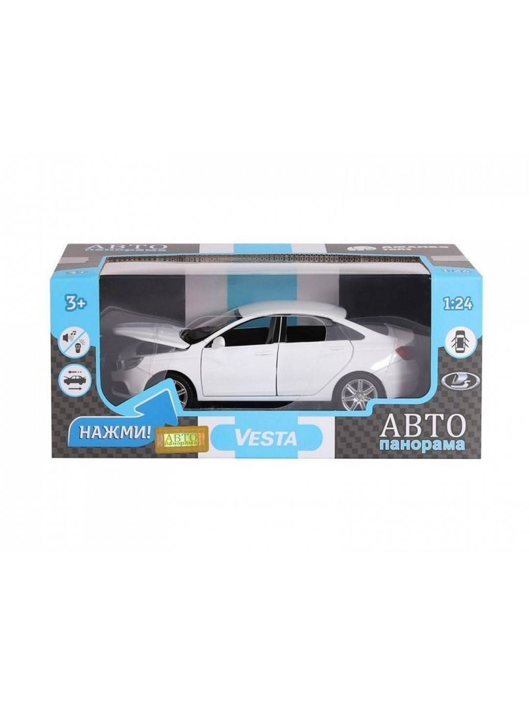 Машина "АВТОПАНОРАМА" LADA VESTA седан, 1/24,  белый, свет. звук. эффекты, в/к 24,5*12,5*10,5 см