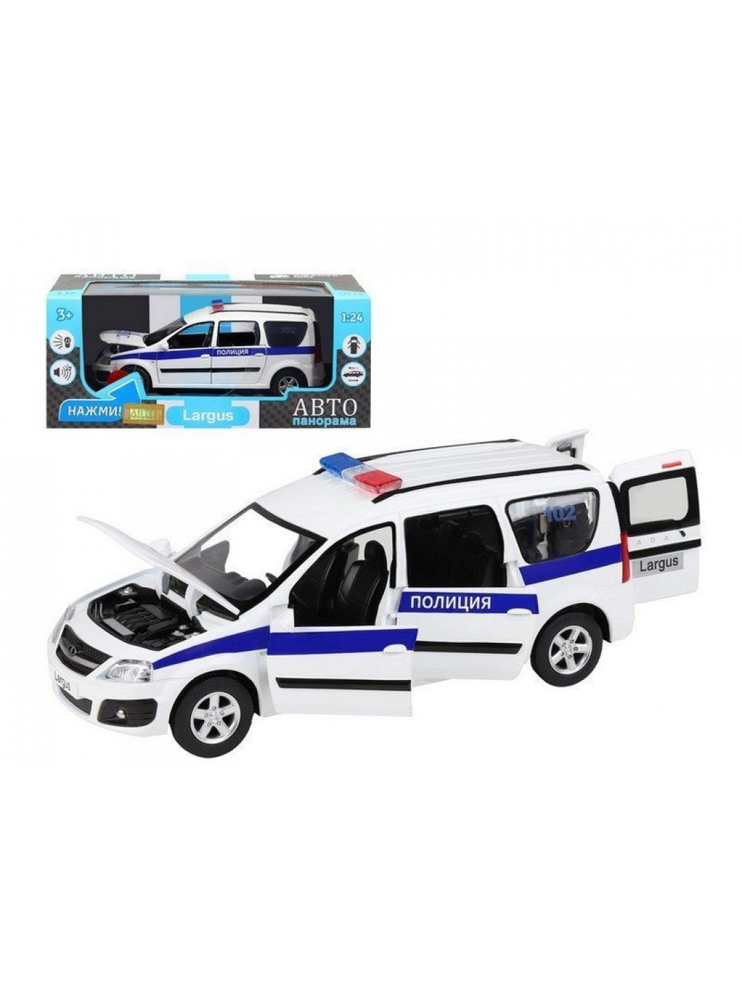 Машина "АВТОПАНОРАМА" LADA LARGUS "Полиция", 1/24, свет, звук, инерция, в/к 24,5*12,5*10,5 см