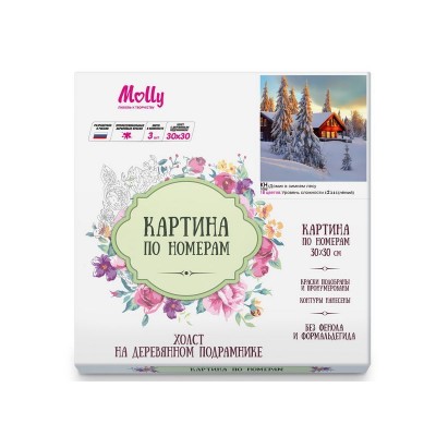 Картина по номерам 30х30 ДОМИК В ЗИМНЕМ ЛЕСУ (18 цветов)