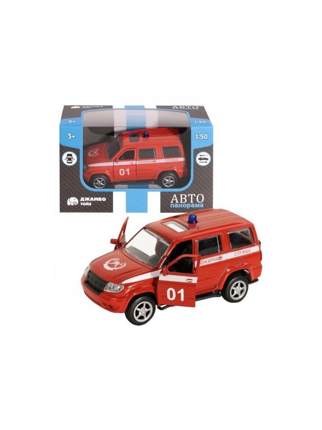 Машина "АВТОПАНОРАМА" "Пожарная служба", красный, 1/50, инерция, в/к 12*7*5,5 см