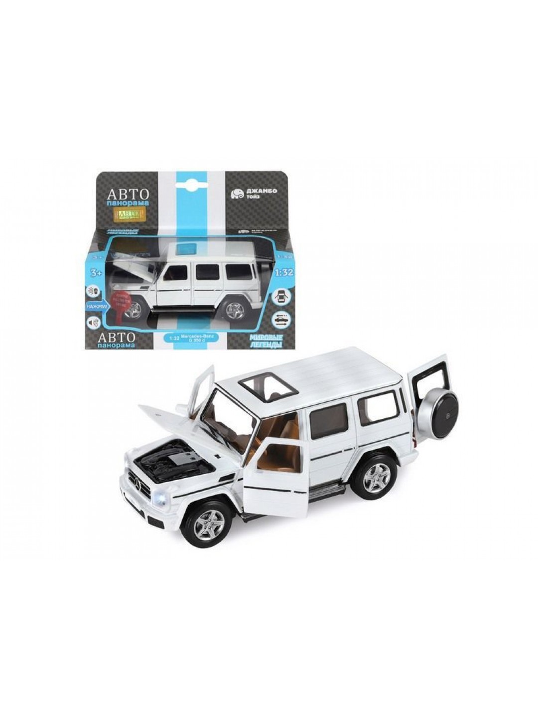 Машина "АВТОПАНОРАМА" Mercedes-Benz G350d, белый, 1/32, свет, звук, инерция, в/к 18*9*13,5 см