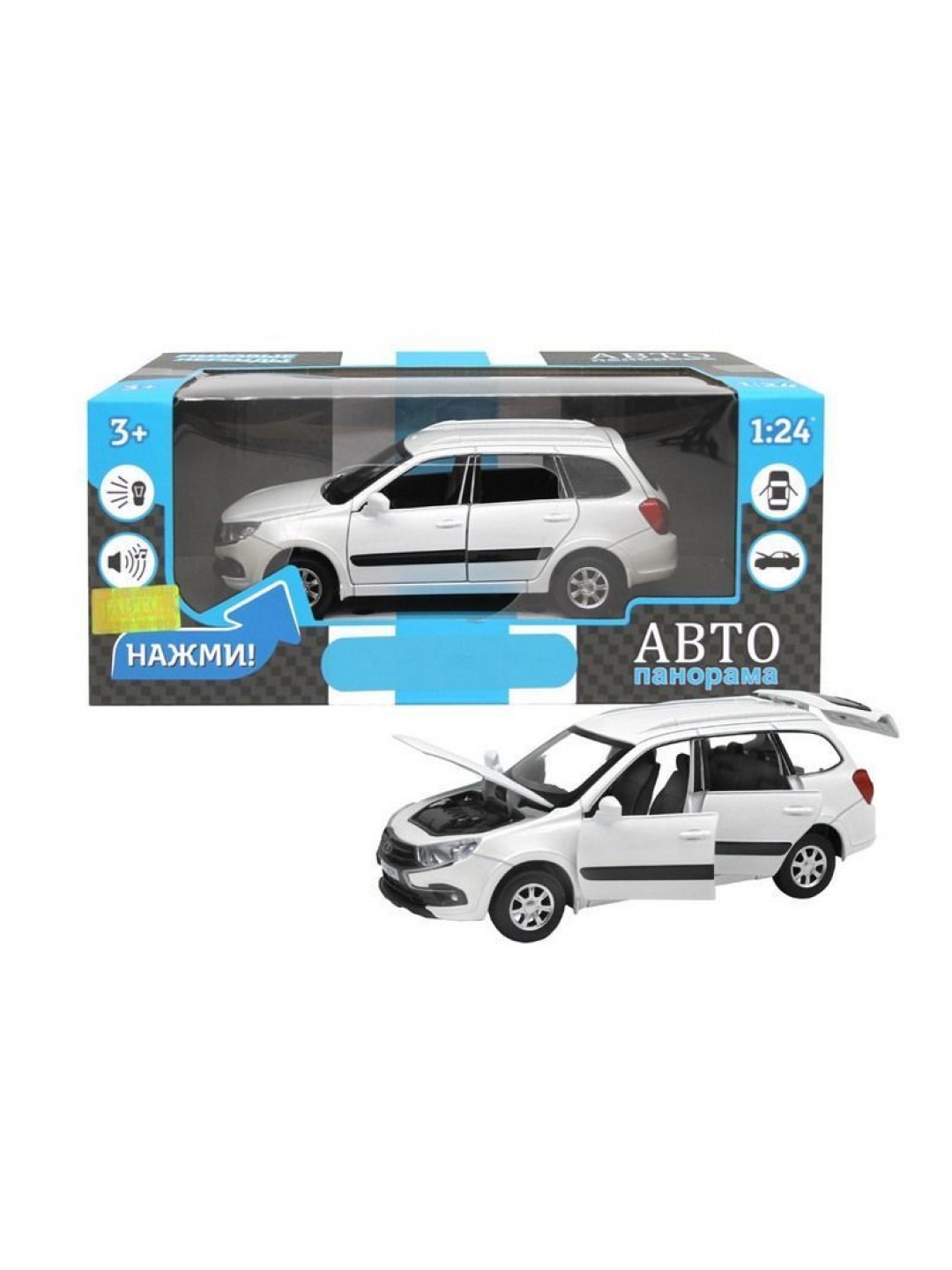 Машина "АВТОПАНОРАМА" LADA GRANTA CROSS, белый, 1/24, свет, звук, инерция, в/к 24,5*12,5*10,5 см