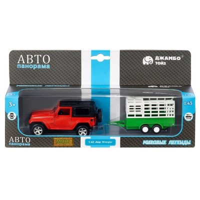 Машина "АВТОПАНОРАМА" Jeep Wrangler c прицепом для перевозки животных, 1/43, инерция, в/к