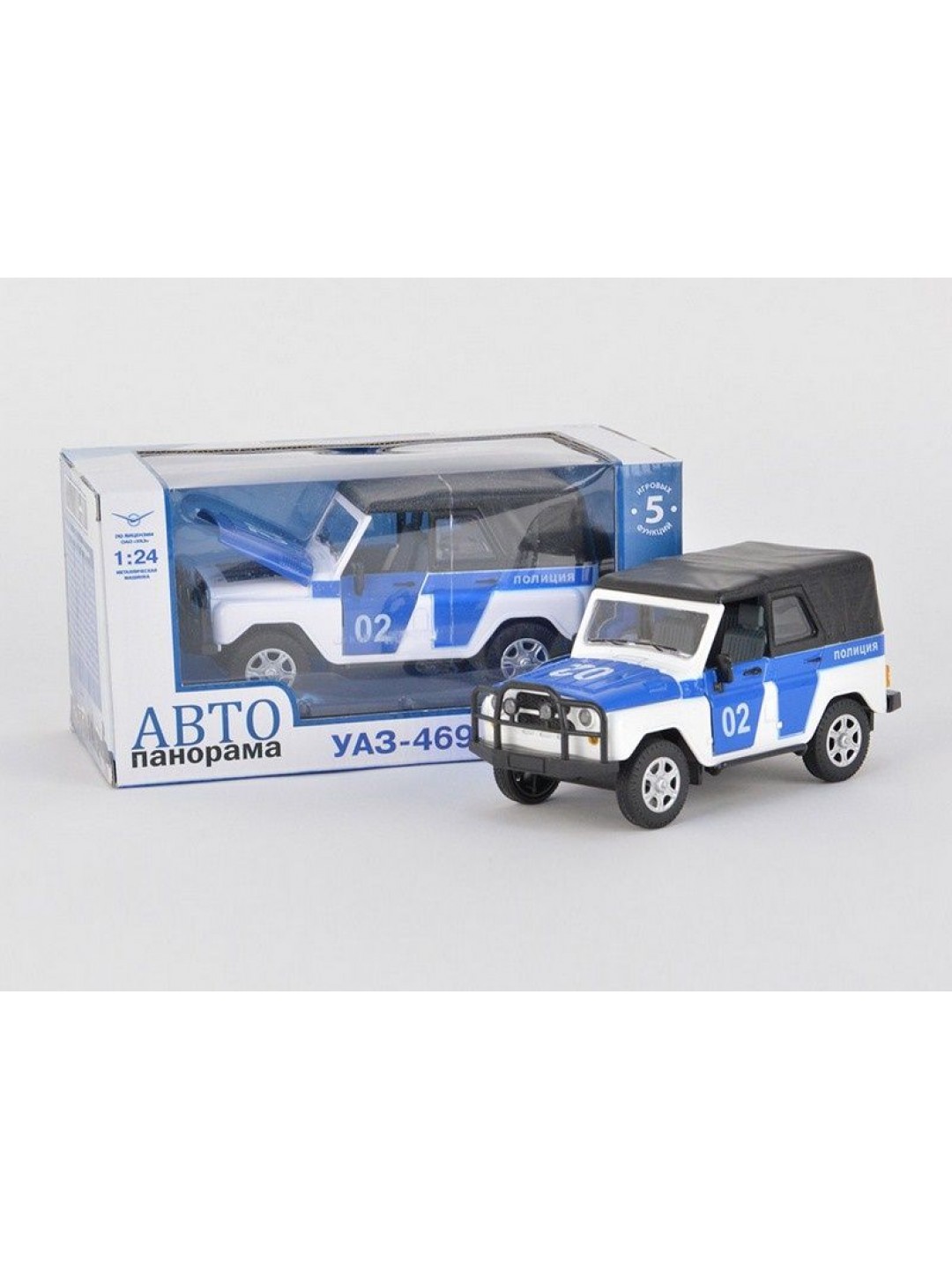 Машина "АВТОПАНОРАМА" УАЗ-469 1/24 в/к 22*12*11 см, бело-синий
