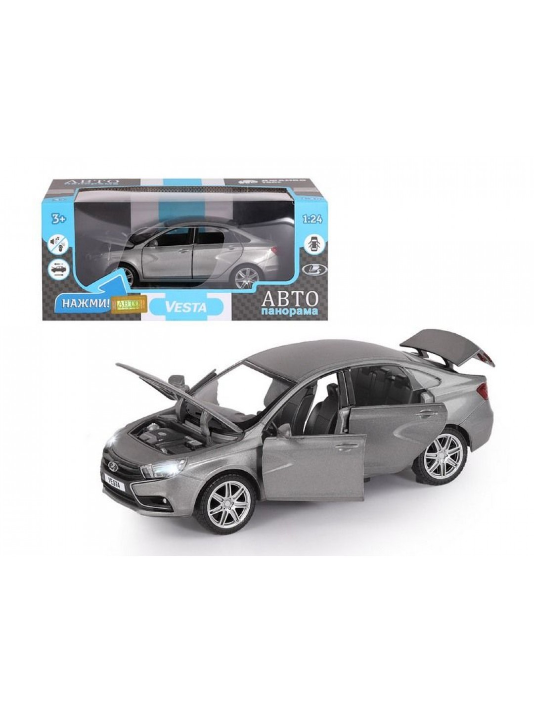 Машина "АВТОПАНОРАМА" LADA VESTA седан, 1/24,  серый, свет. звук. эффекты, в/к 24,5*12,5*10,5 см