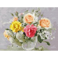 Картина по номерам на дереве 40х50 БУЗИН. АКВАРЕЛЬНЫЙ БУКЕТ (30 цветов)