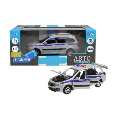 Машина "АВТОПАНОРАМА" LADA GRANTA CROSS "Полиция", серебро, 1/24, свет, звук, в/к 24,5*12,5*10,5 см