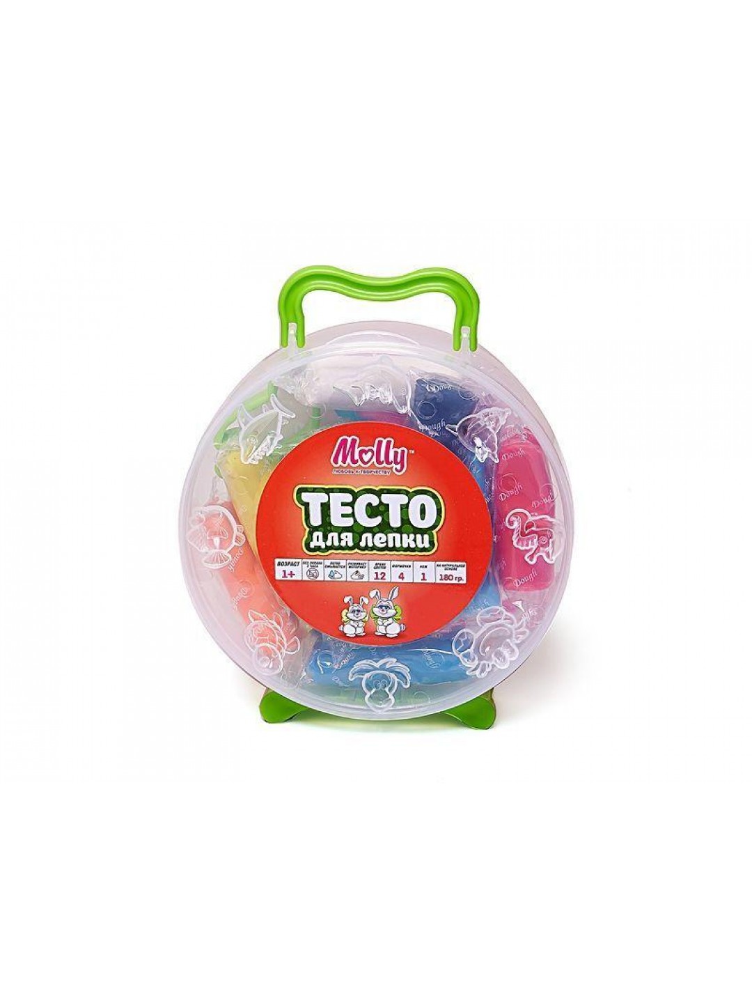 Тесто для лепки 12 цветов (180 грамм) + 4  формочек, нож