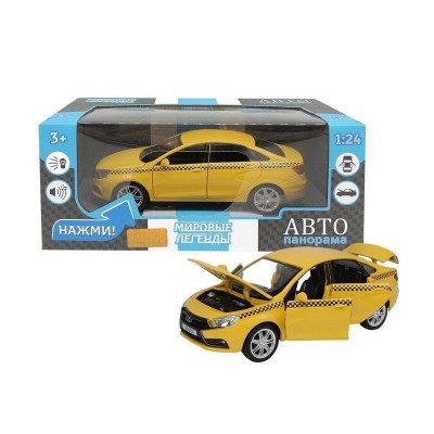 Машина "АВТОПАНОРАМА" LADA VESTA "ТАКСИ" желтый, 1/24, свет, звук, инерция, в/к 24,5*12,5*10,5 см